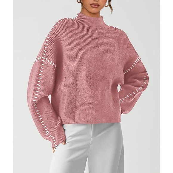 Prettygarden Women's Pink Fall Long Sleeve Mock Neck Oversized Chunky Sweaters - Picture 4 of 7